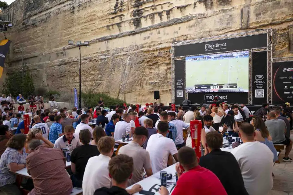 Crowd watching football at the TVM Sport Football Village in Valletta