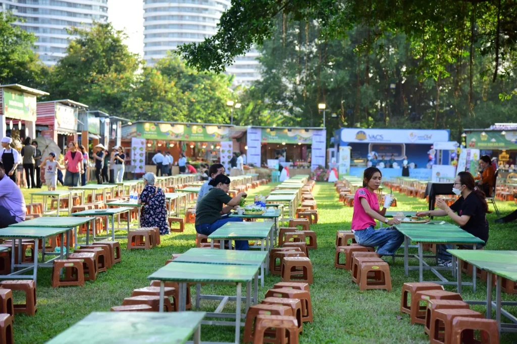 Temporary outdoor stalls and seating in a public space